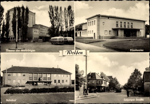 Ak Wolfen in Saksen-Anhalt, theater van de arbeiders, bioscoop, treinstation, Leipziger Strasse