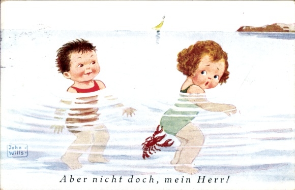 Artist Postcard Wills, John, Bathing Children, Lobster