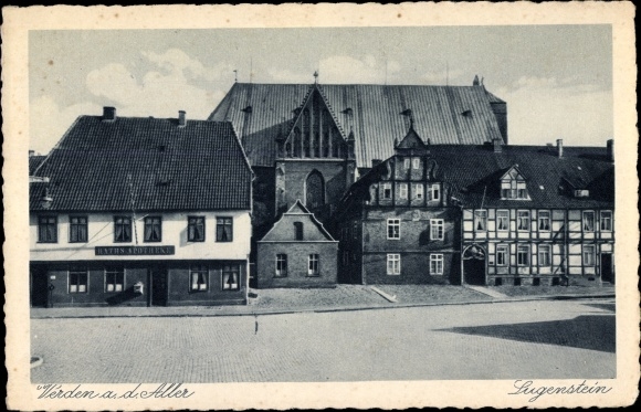 Ak Verden an der Aller, Lugenstein, Ratsapotheke, Kirche, Fachwerkhäuser