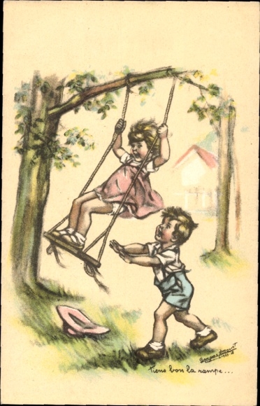 Artist PC Bouret, Germaine, Tiens bon la rampe, girls on a swing