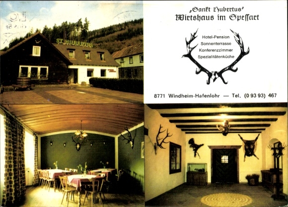 Postcard Windheim Hafenlohr in the Spessart Lower Franconia, Saint Hubertus, Inn in the Spessart