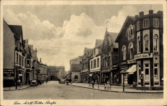 Postcard Leer in East Frisia, Adolf Hitler Street, Coffee House