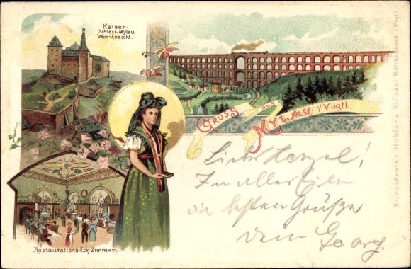 Litho Mylau Reichenbach im Vogtland, Kaiserschloss, Restauration, Frau in Tracht