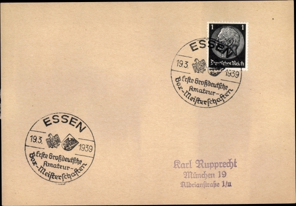 Propagandastempel 19.03.1939, 1. Großdeutsche Amateurbox Meisterschaft, Essen