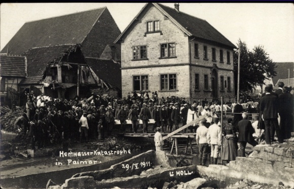 Photo Postcard Paimar Grünsfeld in Baden, flood disaster in 1911, funeral procession