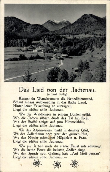 Ak Jachenau in Oberbayern, Panorama, Lied von der Jachenau von Ferd. Feldigl