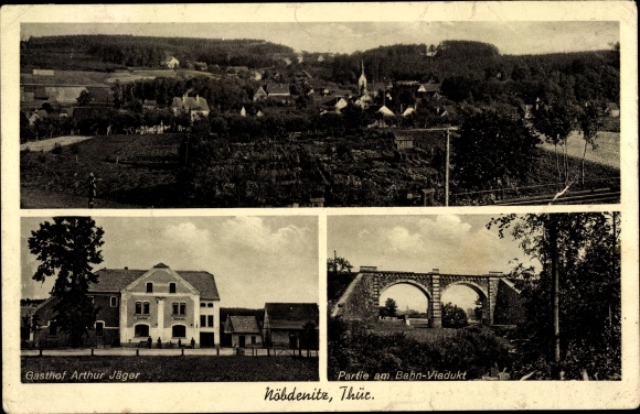 Postcard Nöbdenitz in Thuringia, inn by Arthur Jäger, lot at the railway viaduct, bridge, long shot