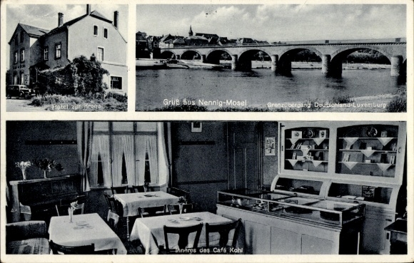 Postcard Nennig Perl on the Moselle, Greetings from Nennig-Mosel, Hotel zur Krone, Café Kohl, Bridge