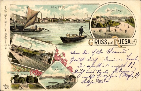Litho Riesa an der Elbe Sachsen, Oberes Elbquai, Strehlaer Straße, Dampfschiff Wartehalle, Stadtpark