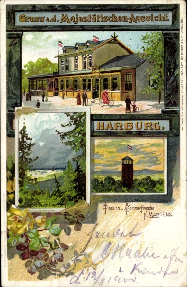 Passepartout Chromo-Litho Hamburg Harburg, inn majestic view, observation tower