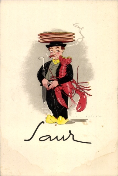 PC The Hague South Holland, Restaurant Saur, Lange Voorhout 51, man with cigar and lobster, advertisement