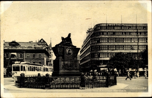 Postcard Wrocław Breslau Silesia, Tauentzienplatz, Tauentzien Monument, tram, Wertheim department store