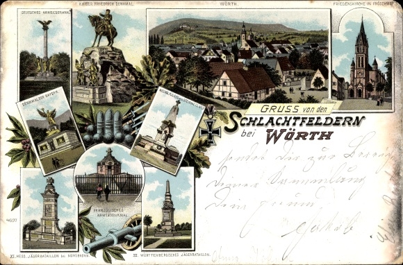 Chromo-Litho Wœrth Wörth an der Sauer Alsace Bas Rhin, salute from the battlefields, monuments