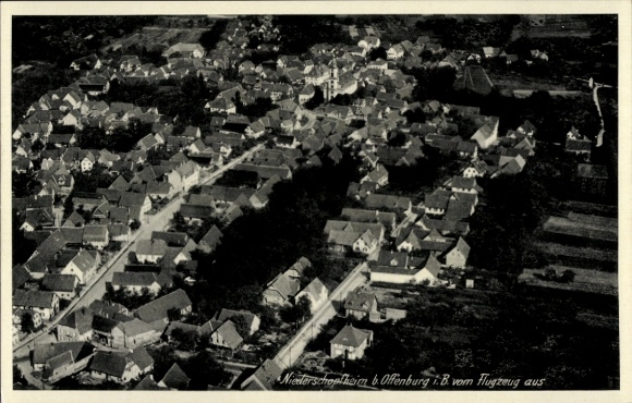 Postcard Niederschopfheim Hohberg in the Black Forest Baden, aerial view, many houses, rural surroundings,