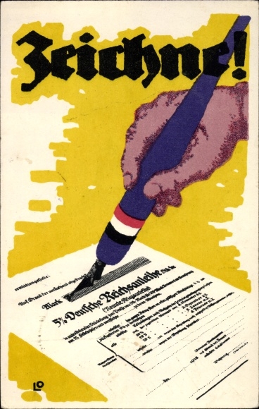 Künstler Ak Zeichnet 5. Deutsche Reichsanleihe, Hand mit Füllfederhalter