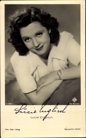 Postcard actress Lucie English, portrait, Ufa film, autograph