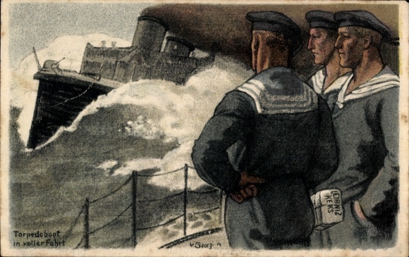Artist Postcard Georgi, W., Torpedo boats at full speed, sailors, Leibniz Keks