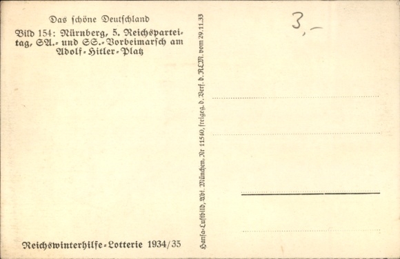 Postcard Nuremberg 5th Reich Party Rally, SA and SS parade Adolf Hitler Platz, Beautiful Germany 154