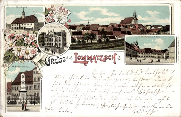 Wappen Litho Lommatzsch in Sachsen, Rathaus, Markt, Kriegerdenkmal, Amtsgericht