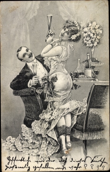 Postcard woman in slip, lovers with champagne glasses