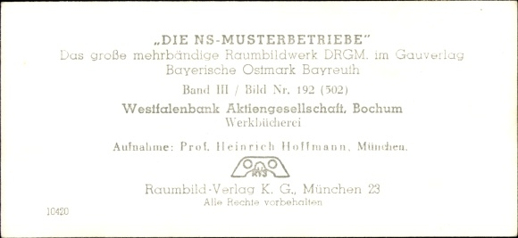 Stereo spatial image photo NS model companies 1937-38 No. 502 III/192 Westfalenbank AG Bochum, works library