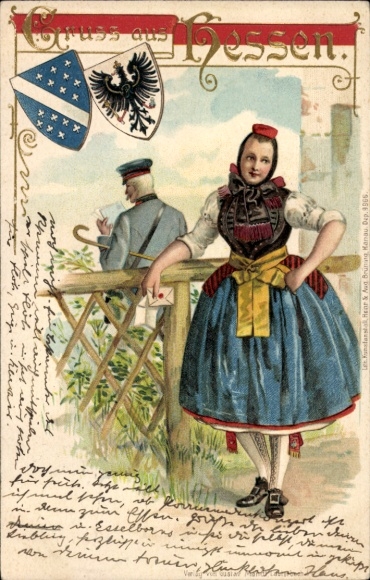 Präge Wappen Litho Gruß aus Hessen, Frau in Schwälmer Tracht