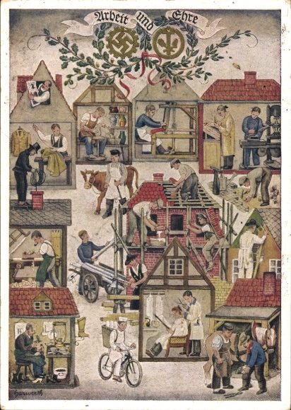 Künstler Ak Reichshandwerkertag 1936, Arbeit und Ehre, Friseur, Bäcker, Töpfer, Schornsteinfeger
