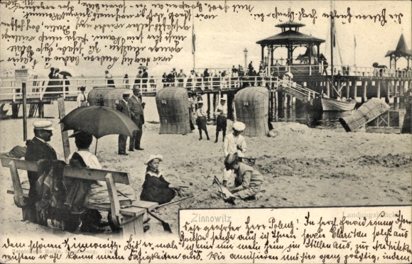 Postcard Ostseebad Zinnowitz on Usedom, beach promenade, beach chairs, pier, people on the beach