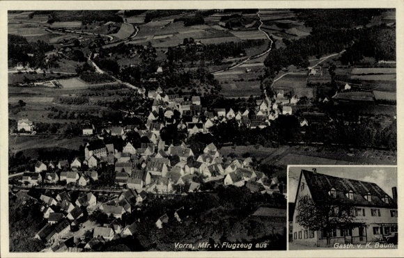 Ak Vorra an der Pegnitz Mittelfranken, Luftaufnahme von  Gasthaus v. K. Baum
