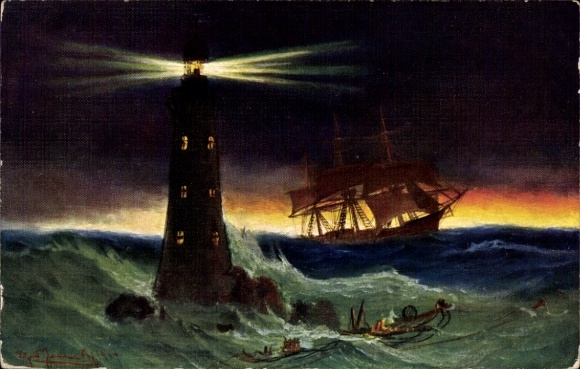 Artist Postcard Lighthouse on the Coast of Scotland with Sailing Ship