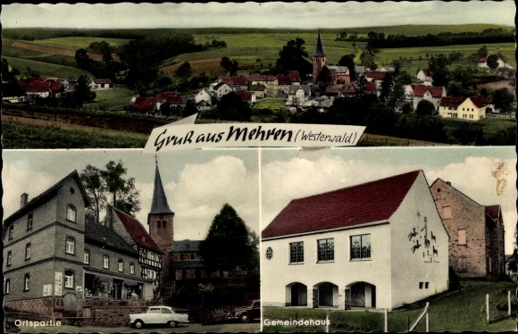 Postcard Mehren in the Westerwald, long shot, church, parish hall