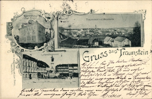 Postcard Traunstein in Upper Bavaria, Three views of Luitpoldbrunnen, Greetings from Traunstein