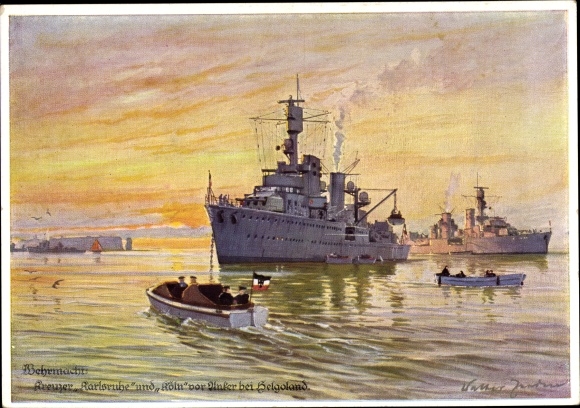 Künstler Ak Zeeden, Walter, Kreuzer Karlsruhe und Köln, Vor Anker bei Helgoland, Kriegsmarine