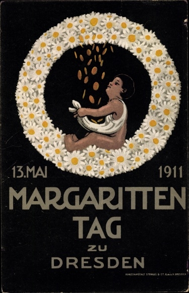 Artist PC Dresden, Margaritten Day 1911, flower day, wreath, money rain