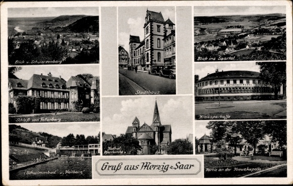 Ansichtkaart Merzig an der Saar, herenhuis, districtsspaarbank, kasteel Fellenberg, zwembad Heilborn