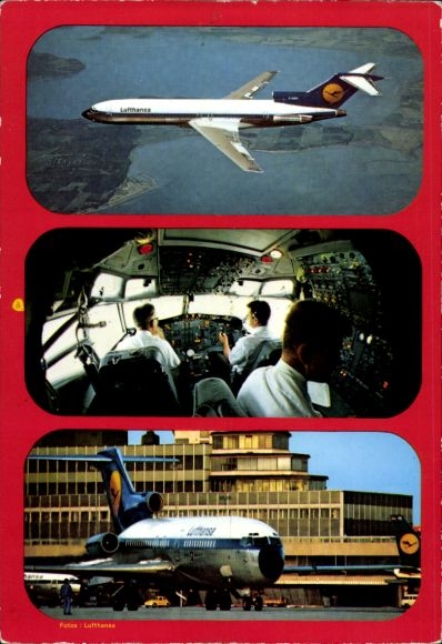 Postcard passenger aircraft Lufthansa, Boeing 727 B Europa-Jet, pilots in the cockpit