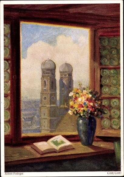 Artist PC Albert Fiebiger, Grüß Gott, Munich, Marienkirche, window, Wiechmann no. 370