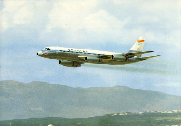 Postcard Spanish passenger aircraft of Spantax, Convair CV 990 A Coronado
