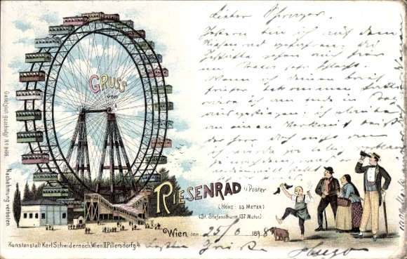 Chromo-Litho Vienna 2. Leopoldstadt Austria, The Ferris wheel in the Prater, smoking child