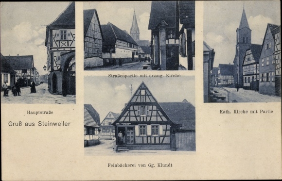 Postcard Steinweiler in der Pfalz, main street, Protestant church, bakery Gg. Klundt, Catholic Church