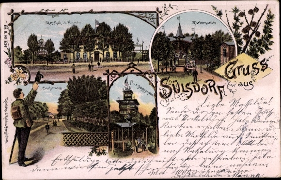 Chromo-Litho Sülsdorf Selmsdorf Mecklenburg Western Pomerania, inn, garden area, village street, observation tower