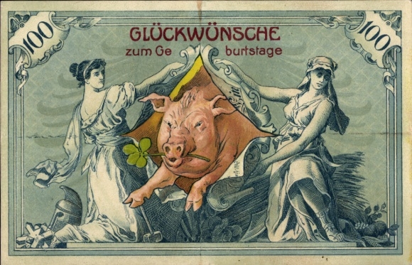 Chromo-Litho birthday greeting, pig jumping through a banknote