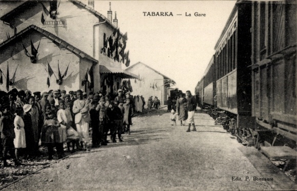 Postcard Tabarca Tunisia, La Gare, platform, residents