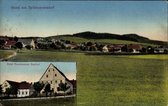Ansichtkaart Spitzkunnersdorf Leutersdorf Oberlausitz, herberg van Ernst Hauptmann, panorama