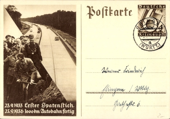 Ganzsachen Ak Adolf Hitler, Bau der Reichs-Autobahn, Erster Spatenstich 23.9.1933