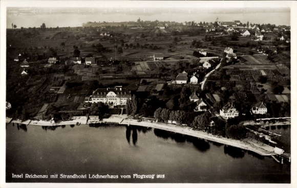 Postcard Island Reichenau in Lake Constance, aerial photograph of Strandhotel Löchnerhaus
