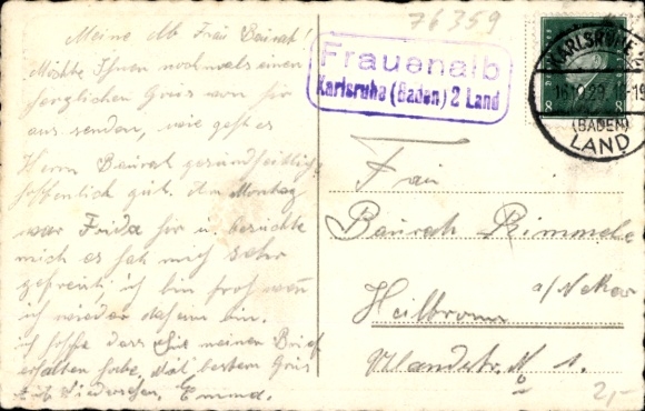 KP Landpoststempel Frauenalb Karlsruhe (Baden) 2 Land