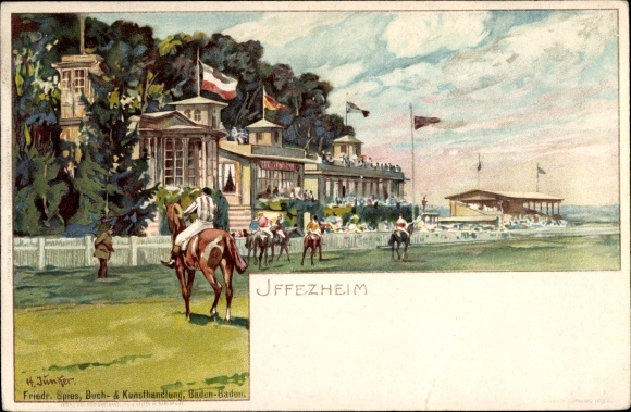 Artist Chromo-Litho Junker, H., Iffezheim am Rhein, racecourse, grandstand