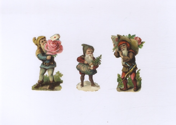 3 wafer gnomes with rose, fir tree, book, approx. 8.5 x 4.5 cm and 6.5 x 4 cm