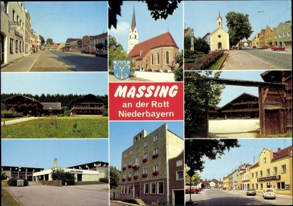 PC Massing in Lower Bavaria, parts of the street, church, coat of arms, indoor swimming pool